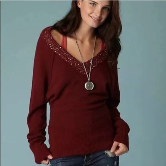 Free People burgundy sequin trim deep v neck wool blend sweater size Medium - Picture 1 of 15